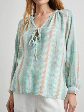 Rails Brielle Linen Blend Striped Peasant Blouse Top Seaview Stripe Size S